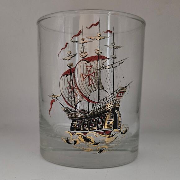 Vintage Ship Glass Tumbler Pair Gold Red Nautical Barware 4" Sailing Galleon - Picture 1 of 7